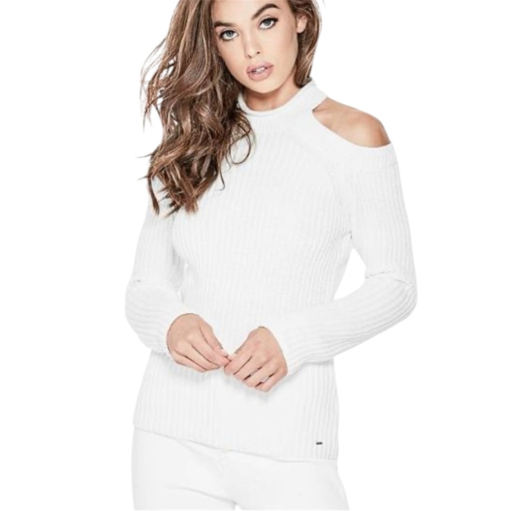 NWT GUESS Ingrid Cold Shoulder Knit Sweater in Off White Size Small